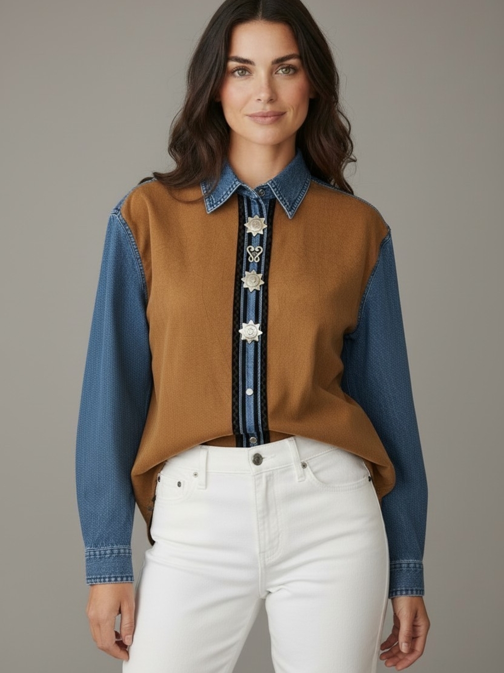 Vintage Wrangler Southwestern Western Shirt Denim Faux Suede Boho Sz XLarge